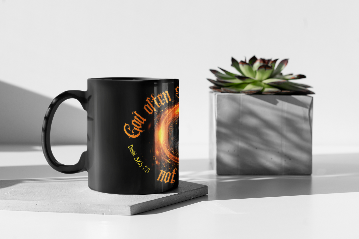 God Saves In The Fire Ceramic Black Mug 11oz